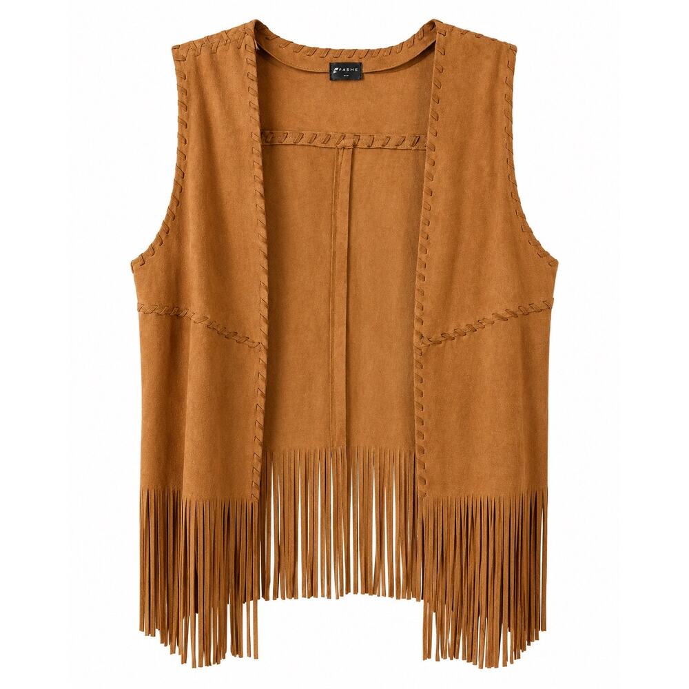 Fornia Fringe Faux Suede Fringe Vest Women Large ExLarge Western Boho Camel